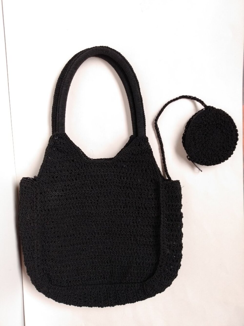 Women's Black Crochet Double Handle Purse Handbag w Attached Zip Pouch Lined EUC
